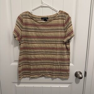 Lauren Ralph Lauren Tan Burgundy Blue Striped Shirt Short Sleeve Size XL‎